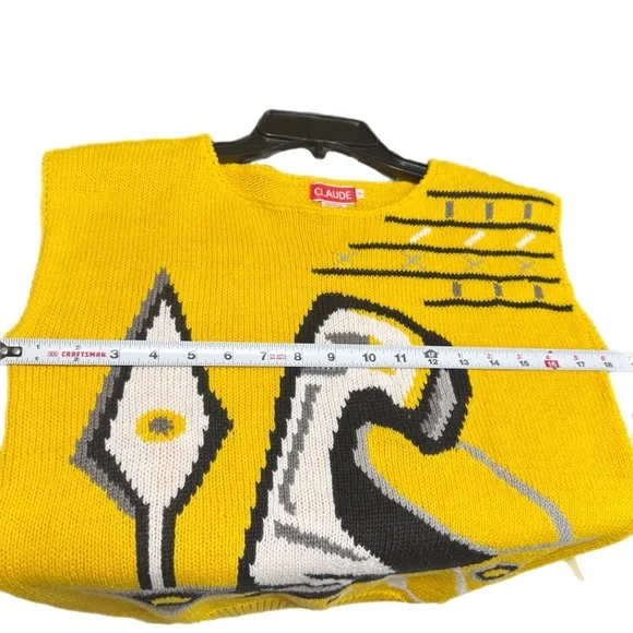 80’s 90’s Vintage Abstract Cotton Ramie Sweater Vest S Petite Yellow Dopamine - Picture 6 of 6